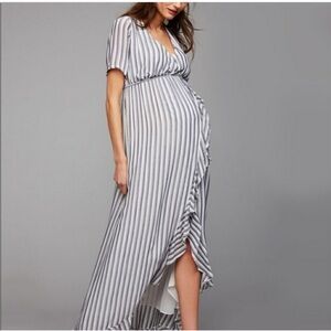 Rachael Pally grey white striped wrap maxi dress ruffled front size small